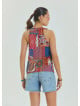Halter Neck Button Detail Pleated Blue Sleeveless Blouse 4676